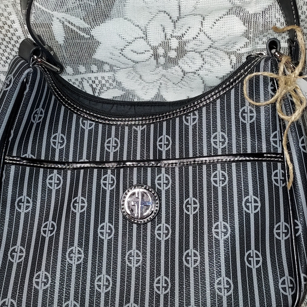 Monogram-Patterned Black and Gray Shoulder Bag